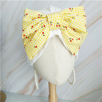 Japanese sweet and lovely lace hollow exaggerated bow plaid cherry Muslim fashion home Baotou cap