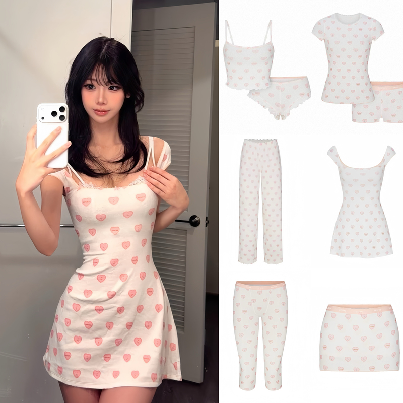 In Stock Skims Kardashian Style Heart Crew Neck Short Sleeve Slim Dress Camisole T-Shirt Long Pants for Women