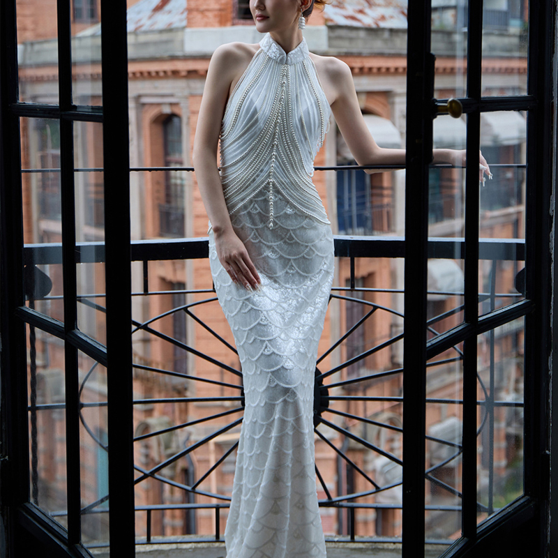 Morning Photo Shoot Dress for Women, Sleeveless Bridal Gown with a High-End Feel, Elegant and Elaborate Pearl White Engagement Cheongsam, Toasting Dress
