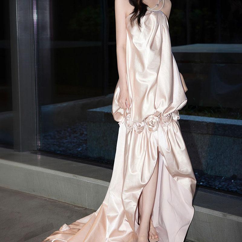Morning Photo Shoot Dress for Women, Bridal French-Style High-End Morning Robe, Light Luxury Niche Light Wedding Dress, Strapless Toast Dress, Long Dress