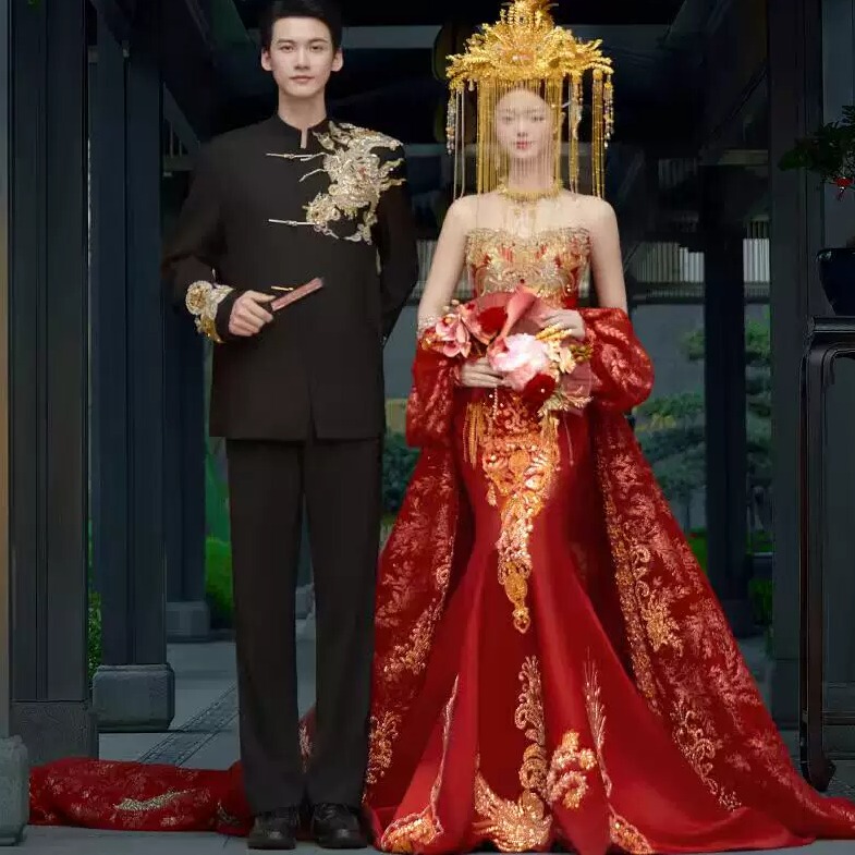 New Style Photo Studio Couple Photography Theme Red Bride Retro Chinese Style Heavy Craftsmanship Light Luxury Dragon and Phoenix Gown Engagement Dress