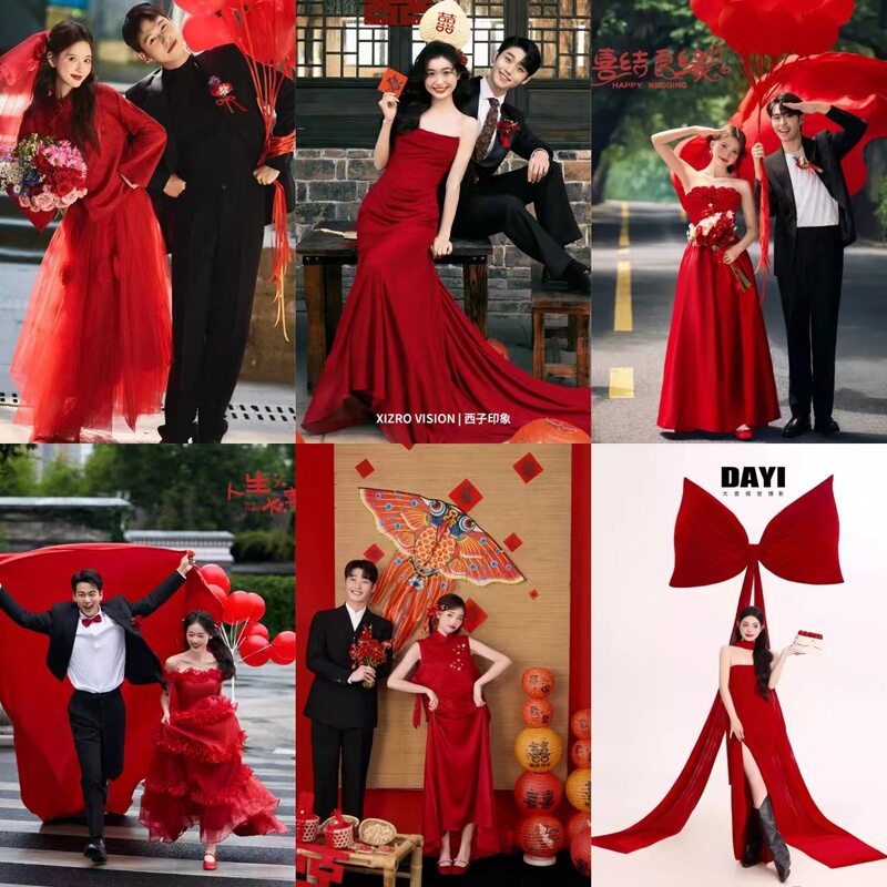 New Chinese-Style Retro Dress, Red Wedding Dress, Garden-Style Outdoor Photography, Slim-Fit Korean-Style Wedding Dress, Photo Studio Photography Clothing