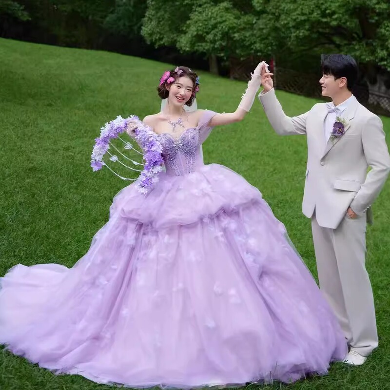 New Style Purple Wedding Dress Photo Studio Couple Photography Theme One-Shoulder Small Train Outdoor Lawn Travel Photography Clothing