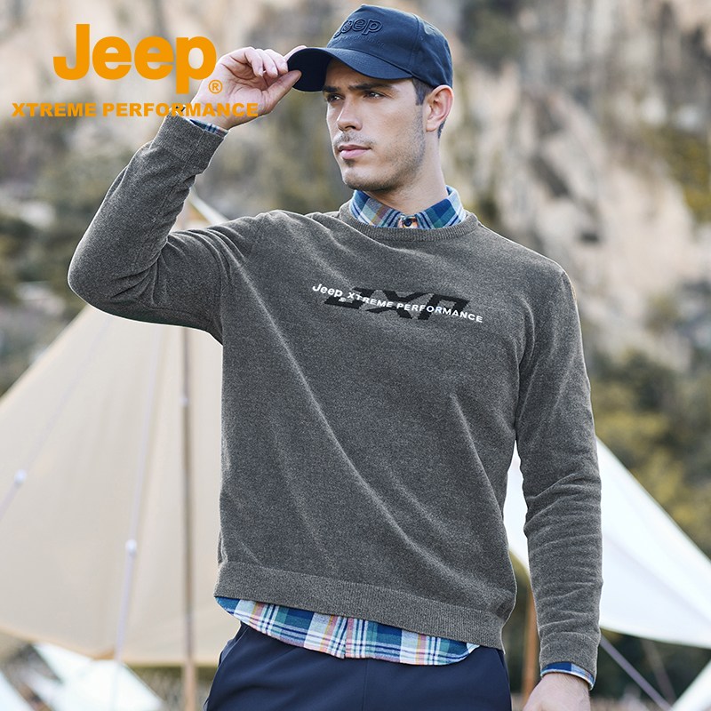 Jeep round collar knit cardiovert male long sleeve autumn clothing blouse elastic breathable outdoor casual sleeve head warm sweater jacket-Taobao