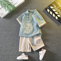 Летнее ханьфу для мальчиков, нарукавники, детский ретро комплект, детское платье, короткий рукав, из хлопка и льна, китайский стиль