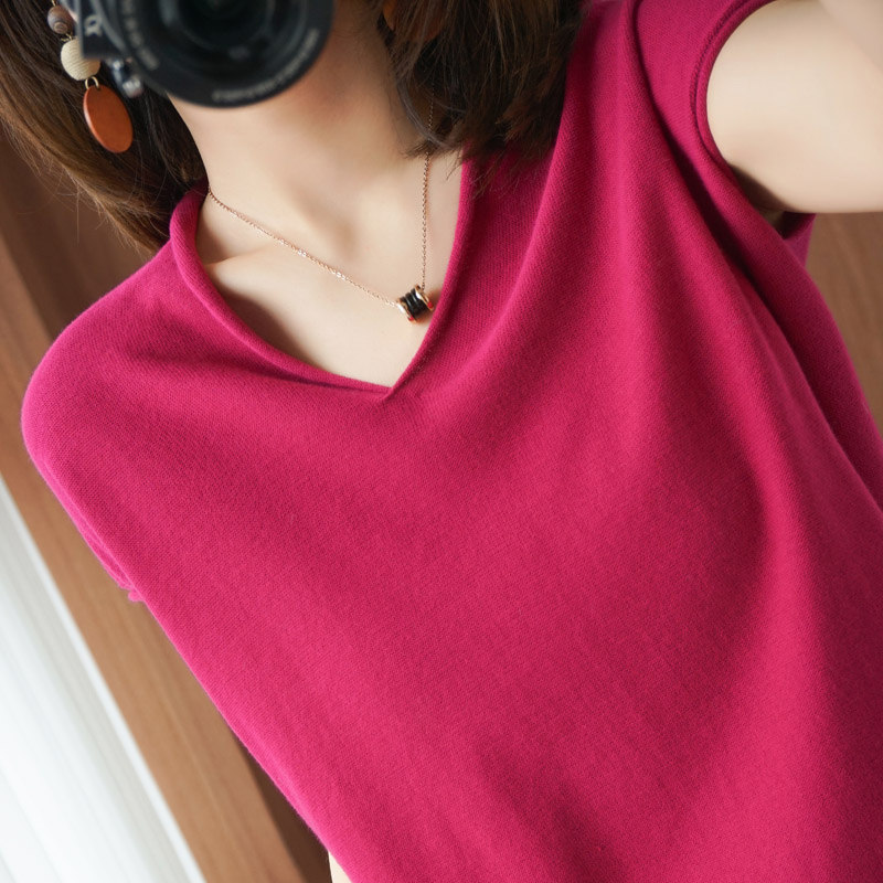 2022 Summer new V collar pure cotton knit short sleeves Women t-shirt loose large size flax blouses cotton linen half sleeves