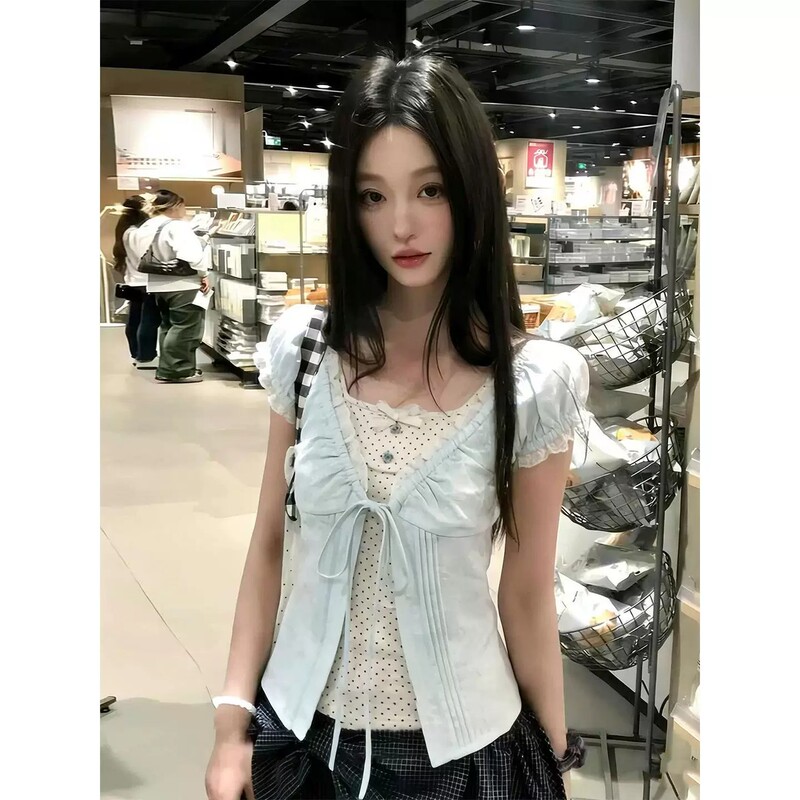 Korean-Style Sweet Mint Green Puff-Sleeve Short-Sleeve Shirt for Women, Summer Ruffled College-Style Two-Piece Top Korean-Style Sweet Mint Green Puff-Sleeve Short-Sleeve Shirt for Women, Summer Ruffled College-Style Two-Piece Top