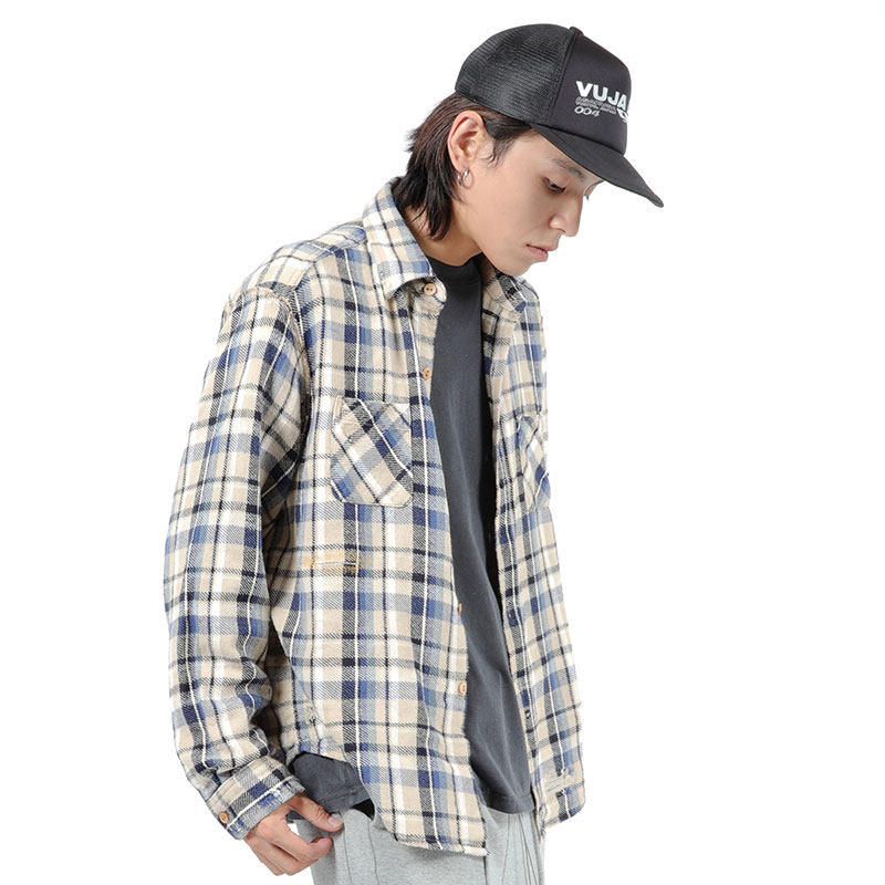 MKSZY Fall Trend Vujade004 Blue Plaid Mill Fur Casual Loose Long Sleeve Shirt Vibe Wind