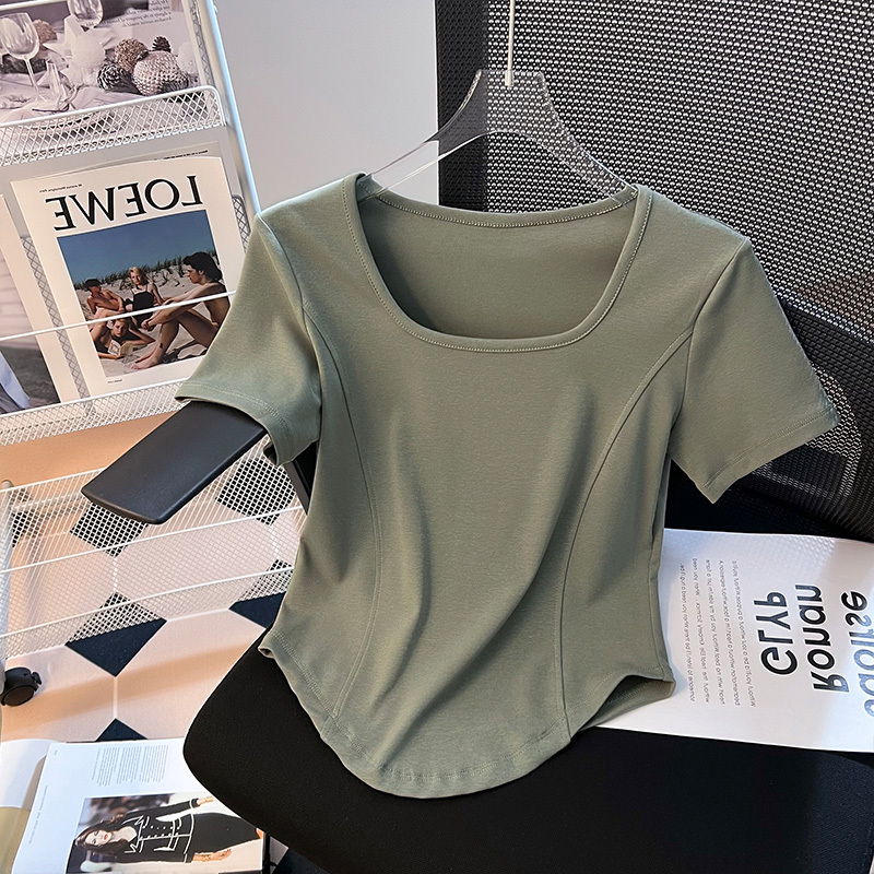 Irregular Square-Neck Short Top for Women, Summer Jazz Style, Miu-Inspired Outfit, Mint Mambo Style, Fishbone Short-Sleeve T-Shirt Irregular Square-Neck Short Top for Women, Summer Jazz Style, Miu-Inspired Outfit, Mint Mambo Style, Fishbone Short-Sleeve T-Shirt
