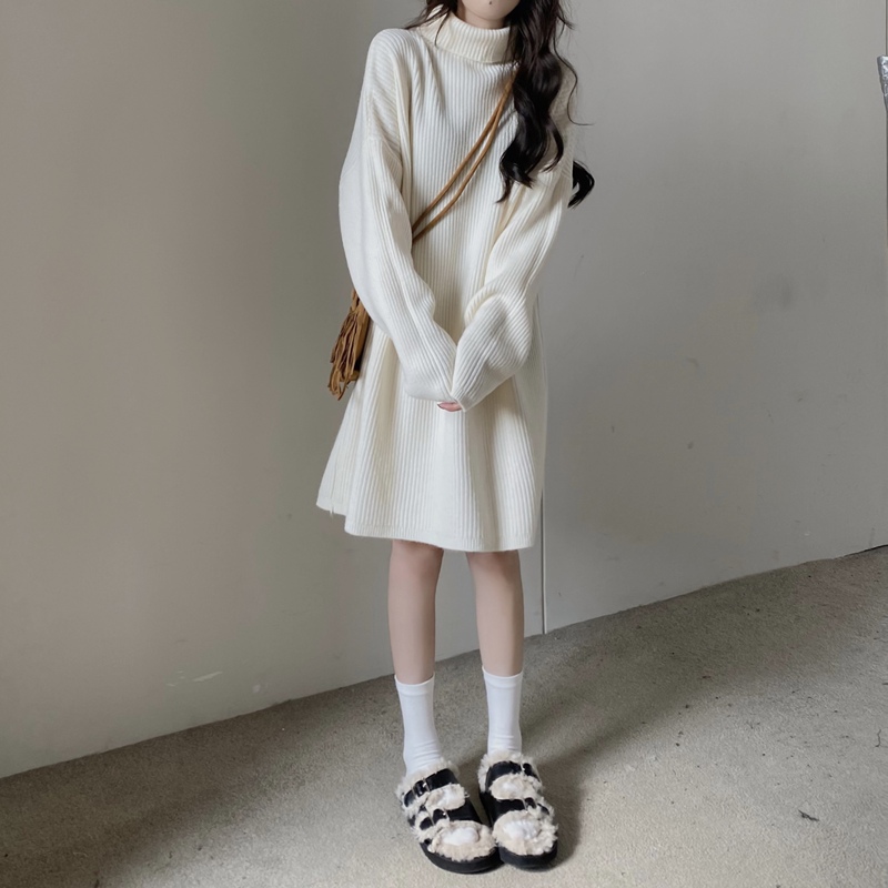 White High-Neck Knitted Sweater Dress for Women, Autumn and Winter Coat Inner Layer, Thickened Base Layer with a High-End Feel, Short Skirt for Petite Sizes