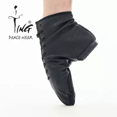 Chen Ting dance shoes black leather jazz boots high tube soft bottom flat heel dance practice base shoes men and women Black