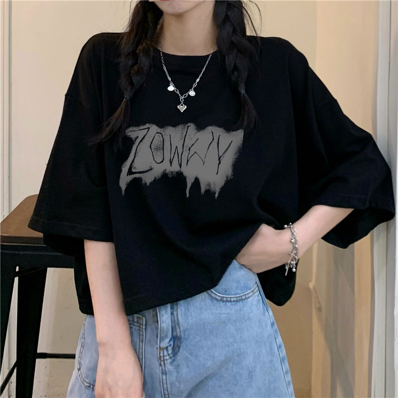 Dark Black Pure Cotton Short-Sleeved Top for Women, High-Waisted, Midriff-Baring, Korean Style, Loose T-Shirt, Trendy Half-Sleeve Top Dark Black Pure Cotton Short-Sleeved Top for Women, High-Waisted, Midriff-Baring, Korean Style, Loose T-Shirt, Trendy Half-Sleeve Top