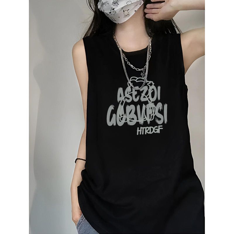 Summer High-End Trendy ins Style Personalized Outerwear Vest for Women, Pure Cotton Sleeveless T-Shirt, Women's Mid-Length Loose-Fitting Vest