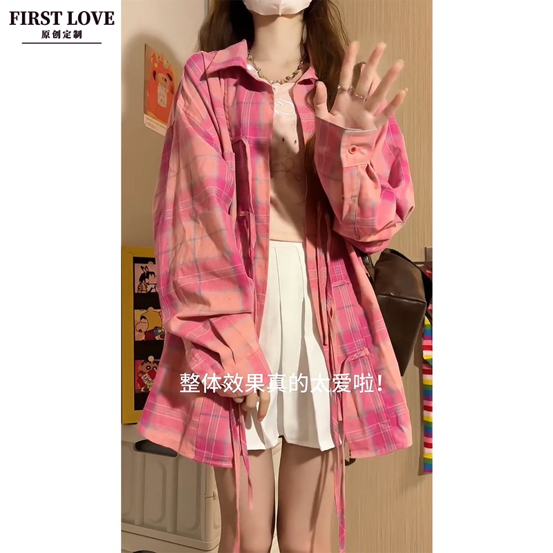 American Retro Dopamine Pink Plaid Shirt 2025 Early Autumn Design with Tie Loose Long-Sleeve Top Jacket American Retro Dopamine Pink Plaid Shirt 2025 Early Autumn Design with Tie Loose Long-Sleeve Top Jacket