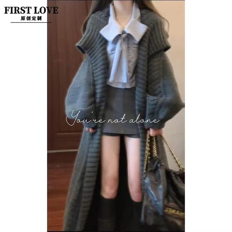 French-Style Large Lapel Gray Cape Shawl Coat, Long Sweater Jacket, Bow-Tie Shirt, Complete Outfit