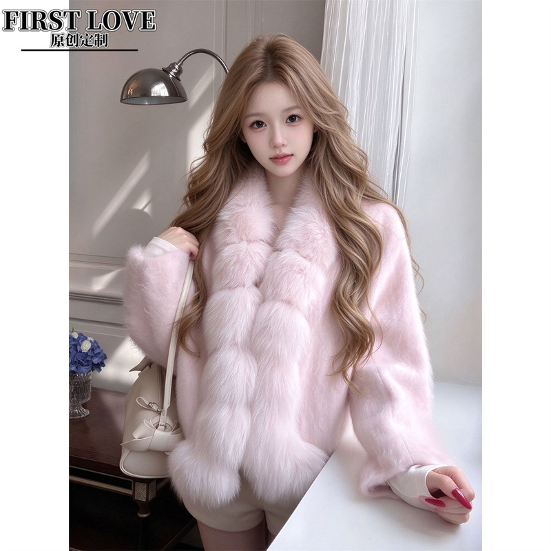 Elegant Pink Fur Collar Eco-Friendly Faux Fur Coat for Women, Gentle Deep Winter V-Neck Luxurious Plush Warm Coat Elegant Pink Fur Collar Eco-Friendly Faux Fur Coat for Women, Gentle Deep Winter V-Neck Luxurious Plush Warm Coat