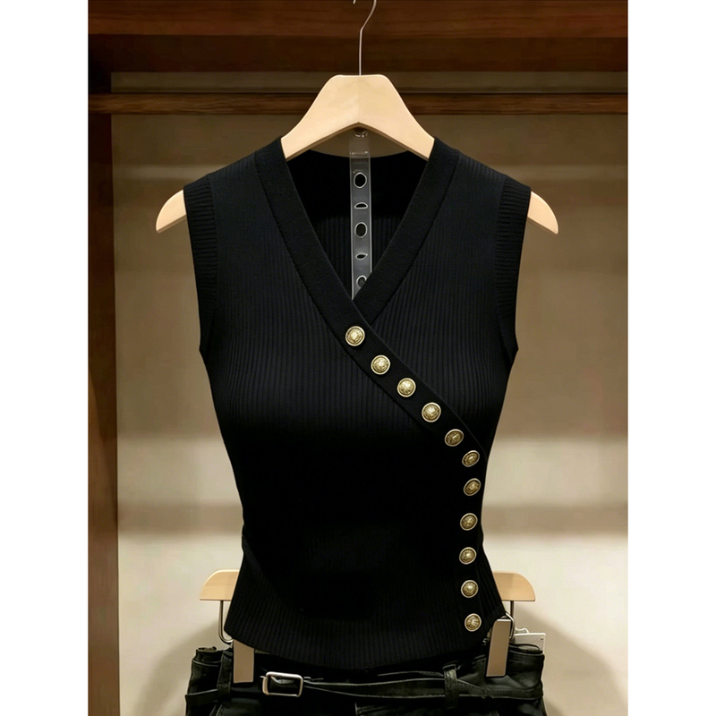 High-End Black Diagonal V-Neck Sleeveless Knitted Vest for Women, New Summer Style, Chic and Versatile Slimming Top