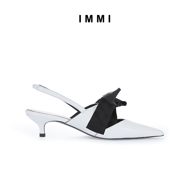 (designer brand IMMI) pointed black and white sheepskin butterfly knot cat heel high heel shoe 191SH005