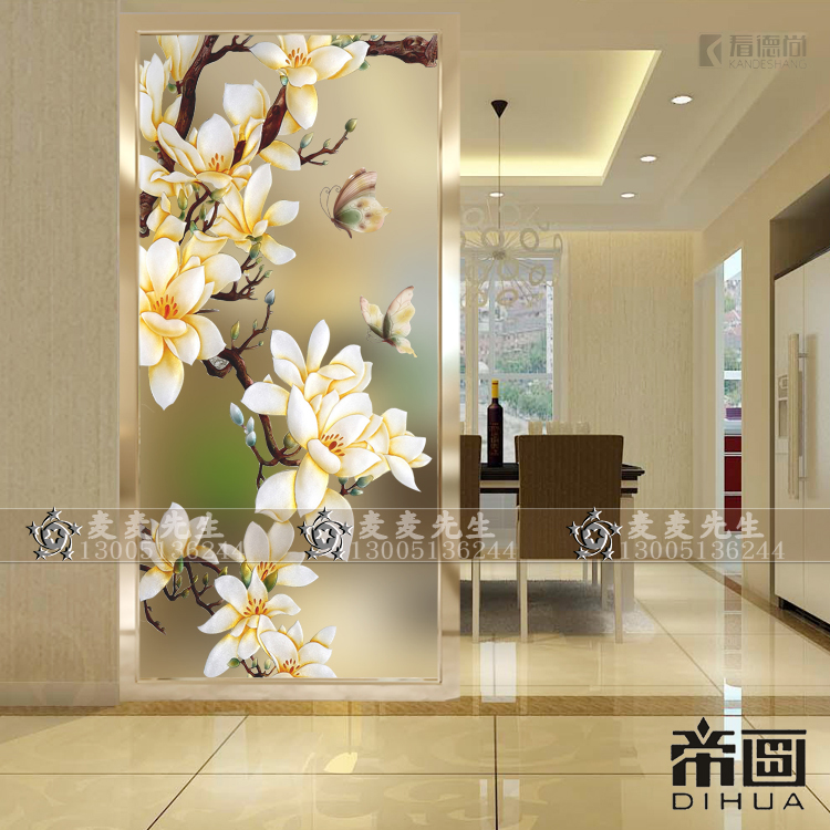 Custom art glass screen partition frosted double-sided home modern minimalist living room aisle porch decoration flowers and birds