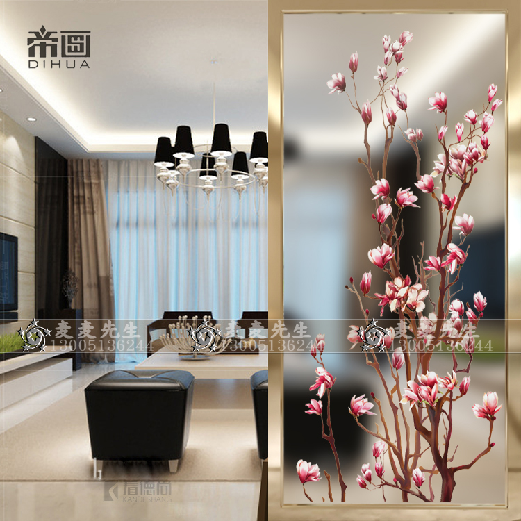 Minimalist modern art glass screen partition decoration modern living room Entry into the house Hyun Guan Frosted Euphotic Crafts Peach Blossom