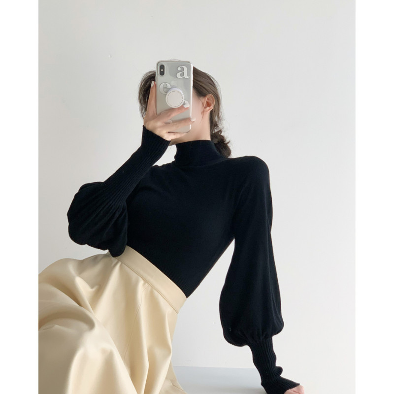Floral Cuff Half-High Collar Knit Sweater for Women 2026 Autumn and Winter New Slim Fit Long-Sleeve Inner Layering Top