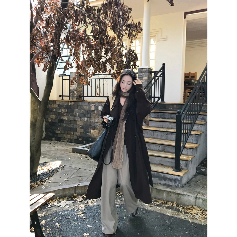 5Werkwen Scepter-Style Trench Coat, Double-Breasted Mid-Length Korean-Style Coat, Loose-Fitting Silhouette with Cuffed Edges 5Werkwen Scepter-Style Trench Coat, Double-Breasted Mid-Length Korean-Style Coat, Loose-Fitting Silhouette with Cuffed Edges