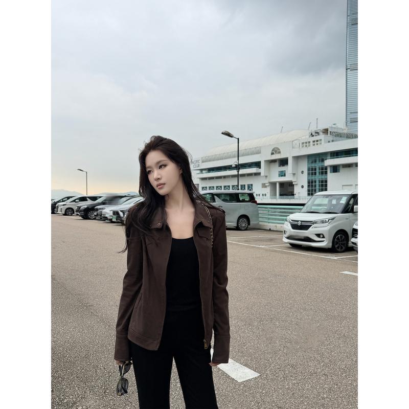 5Werkwen Slimming Barnfit Jacket New Color Stand Collar Short Retro Suede Jacket Short Coat