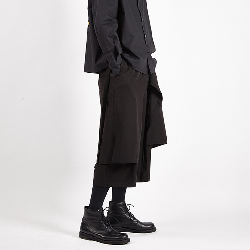 Yohji Yamamoto Style Dark Wide-Leg Pants for Men, Faux Two-Piece Design Skirt Pants, Niche Loose Fit, Plus Size Samurai Cropped Pants