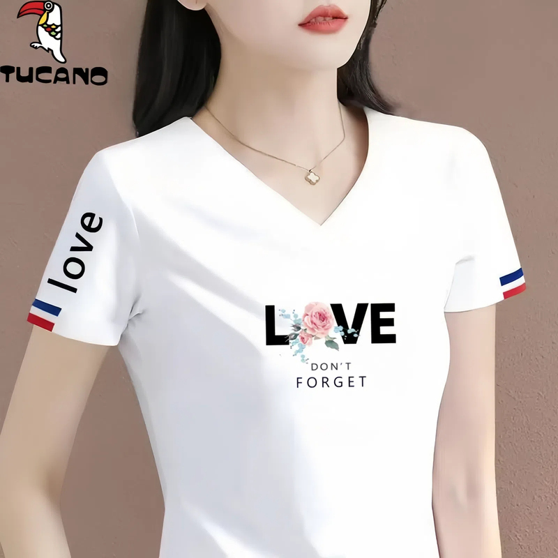 Woodpecker Pure Cotton Regular Shoulder Summer Short-Sleeve T-Shirt for Middle-Aged Women, Fashionable Niche V-Neck Versatile Slimming Printed T-Shirt