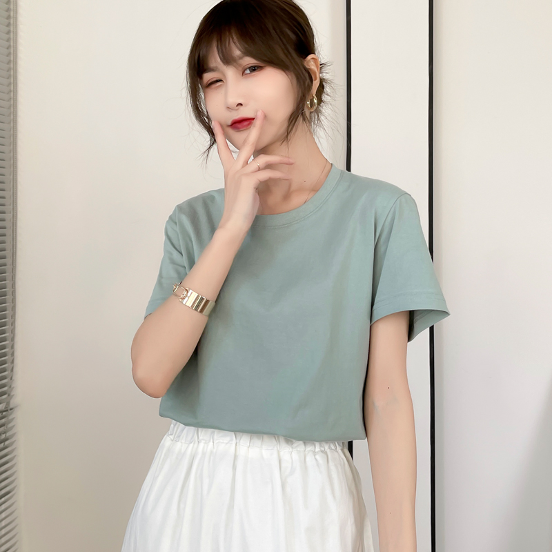 Bean Greenpure cotton white Short sleeve T-shirt female have cash less than that is registered in the accounts Solid color Half sleeve Undershirt 2021 summer new pattern easy Korean version ins tide