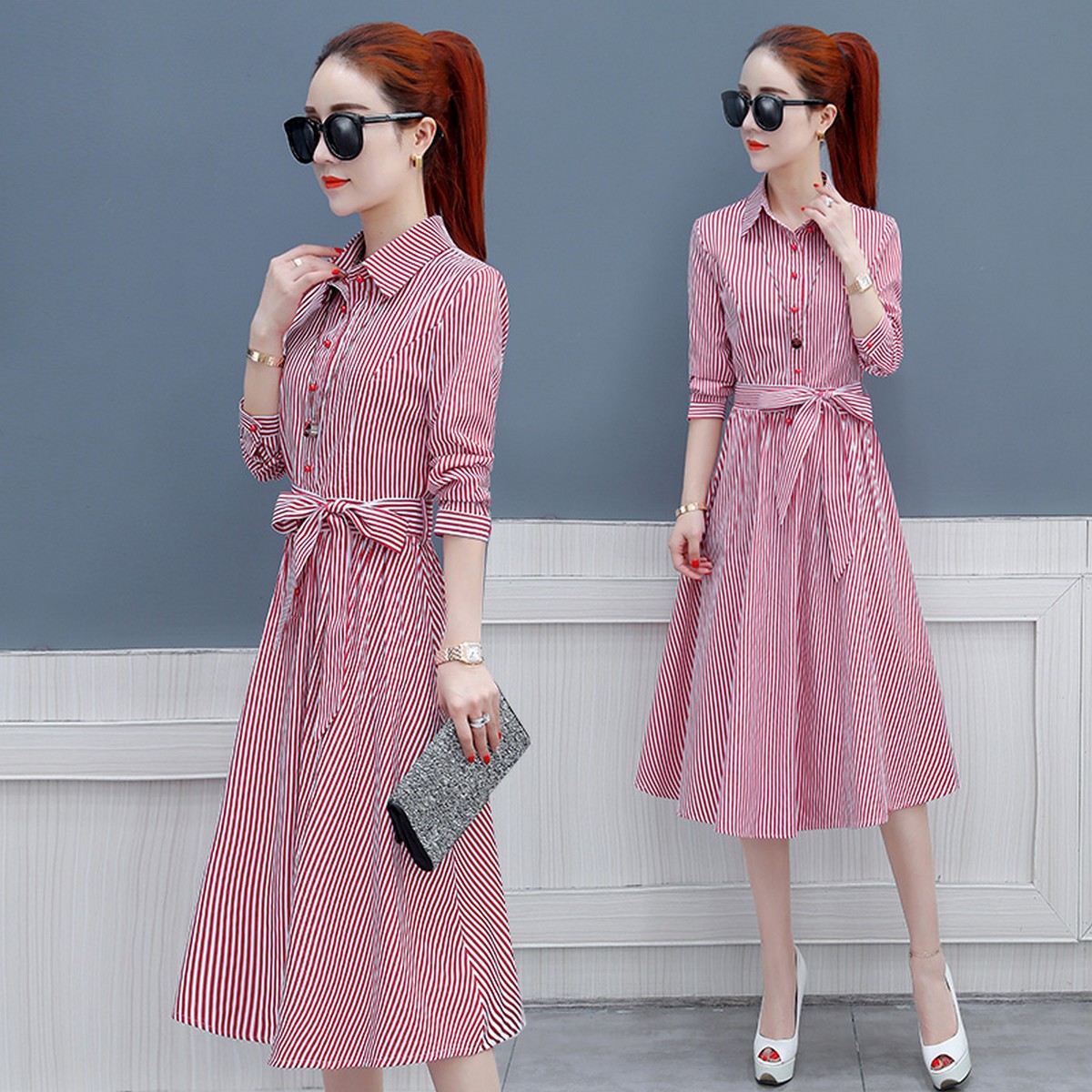 Broad wife dress 2022 new temperament women's dress shirt skirt small man Western style stripes eye-catching early autumn