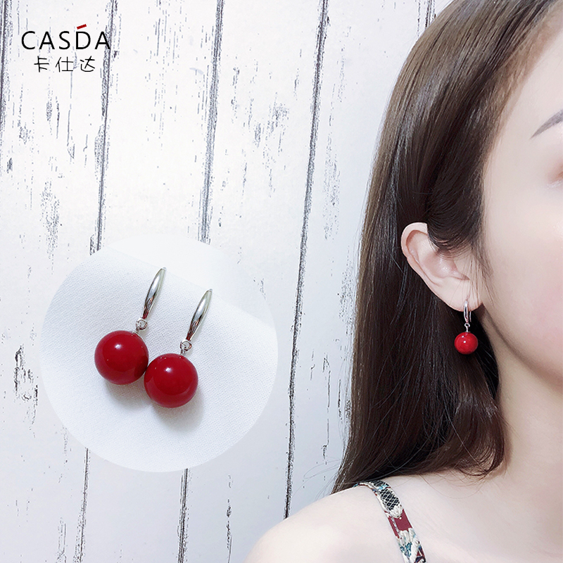 925 Pure silver silver imitated pearl earrings female red earneedle 2021 new tide long - edition temperament over the year ear crash