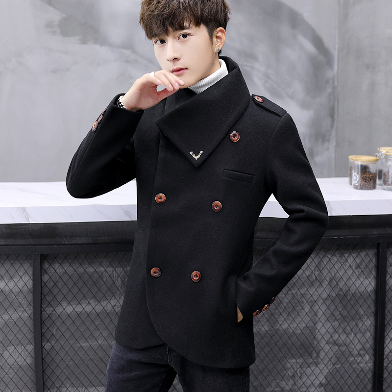 Men's Short Woolen Coat, Trendy Winter Wear, Korean Style, Thickened, Cool and Stylish, Double-Breasted Jacket, Trench Coat