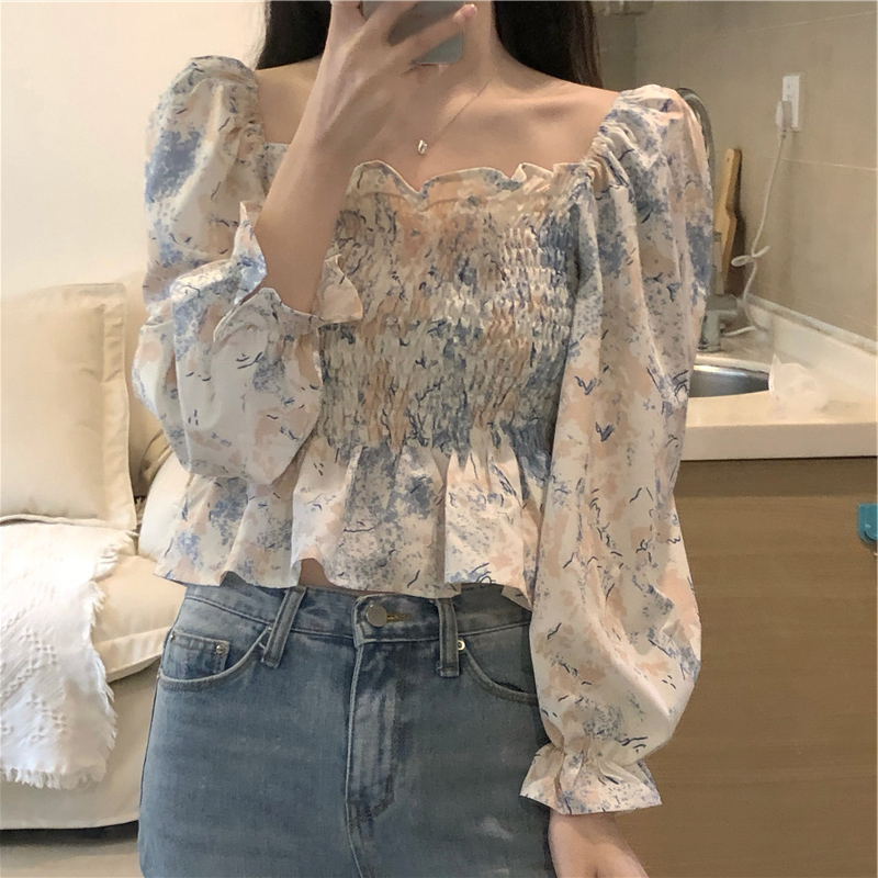 2022 New Spring Fast-style small crowdsourced Collar Crushed Flower Lined with Shoulder Snow-spinning Jersey Woman High Waist Short blouses