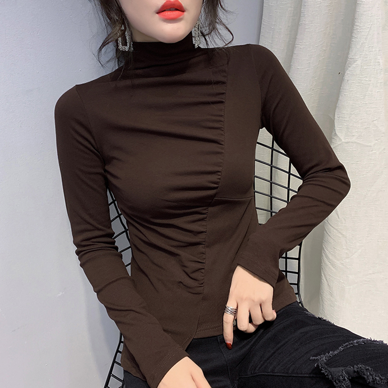 Irregular Beating Undershirt Woman 2022 New Spring Dress Foreign Pie with a hairy T-shirt woman long sleeve with high collar blouses