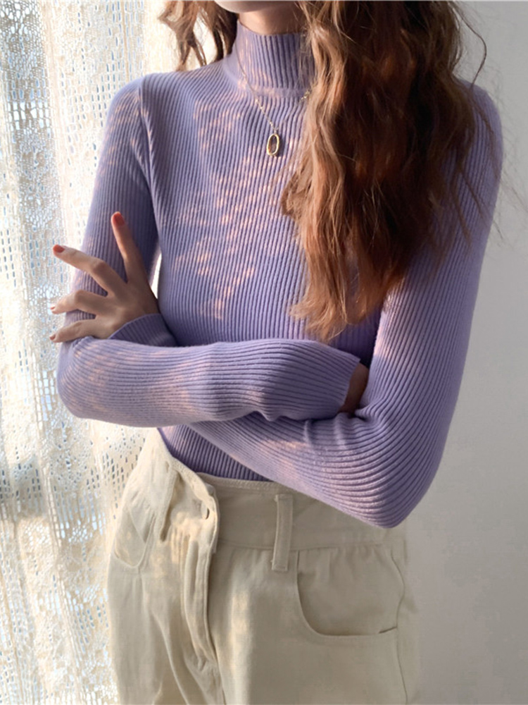 2021 new spring half-high-neck long-sleeved sweater women's wild Korean version pullover base sweater inside the top clothes