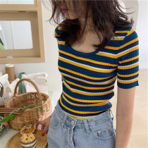 2021 new summer dress Korean rainbow stripe short sleeve T-shirt female ins tide slim chic knitted top base shirt