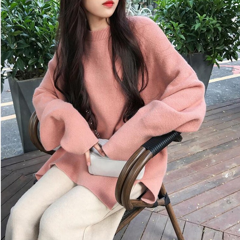 Spring and autumn 2020 new women's loose lazy round neck long sleeve pullover pink sweater women's autumn and winter Korean version knitwear