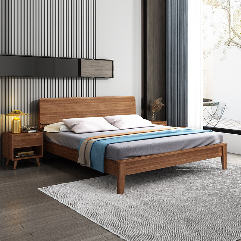 Golden walnut solid wood bed 1 8 meters modern double bed wedding bed 1 5 meters high box storage 1 2 meters single bed