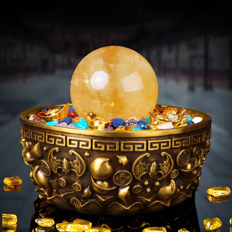 Pure copper crystal ball bowl-shaped basin decoration shop front office living room porch natural crystal Ruyi Yuanbao basin