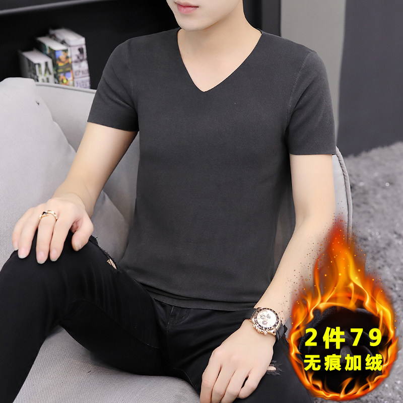 Warm short sleeve T-shirt winter plus suede thicken men's V collar No mark double face Decede with undershirt plus cotton half-sleeve underwear