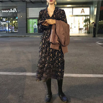 Winter temperament goddess fan clothes with coats long skirts floral bottomed chiffon dresses autumn and winter long models