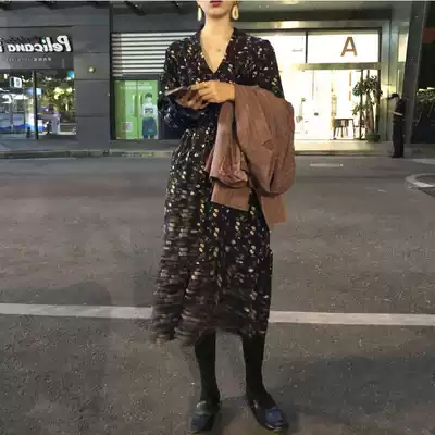 Winter temperament goddess fan clothes with a long skirt floral base chiffon dress autumn and winter long version