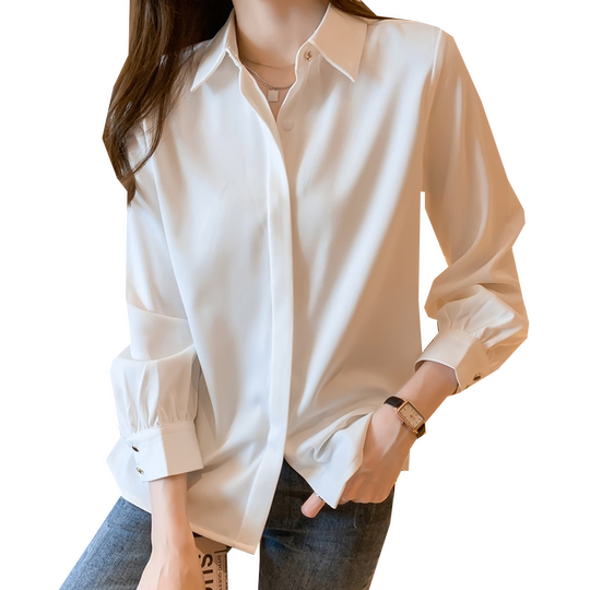 Interview with mature long-sleeved chiffon white shirt