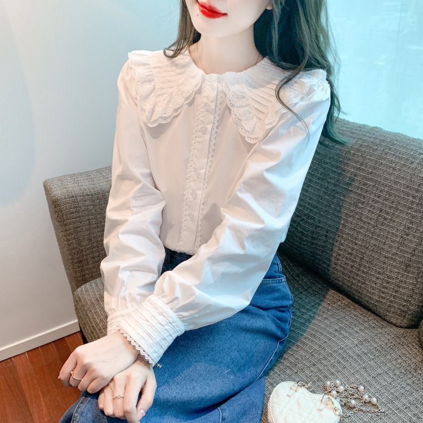 Рубашка с кукольным воротником, женская 2025 весна и осень, новая французская милая кружевная белая рубашка, шифоновый топ с пышными рукавами