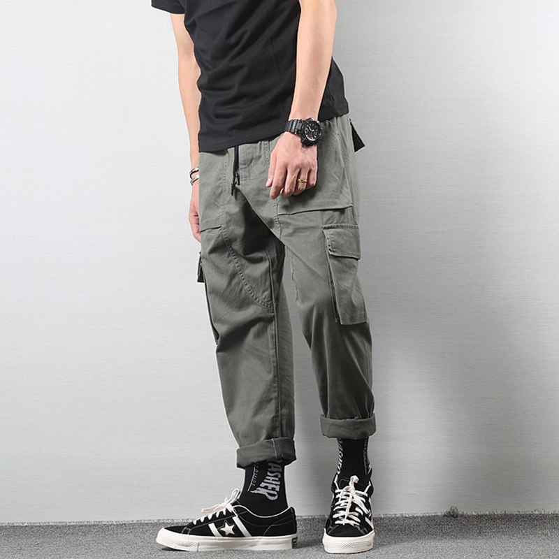 Tide Cards 2022 Summer Multiple Pockets Work Pants Straight Cylinder Loose Casual Pants Yu Wenle Tightness Male small footed tapered pants