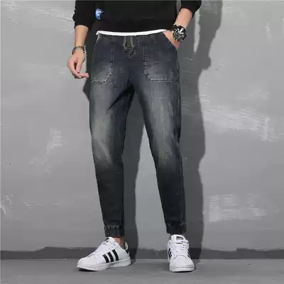 Tide brand 2021 autumn and winter loose large size bunch foot jeans men's trend Joker plus velvet small feet Harlan casual pants