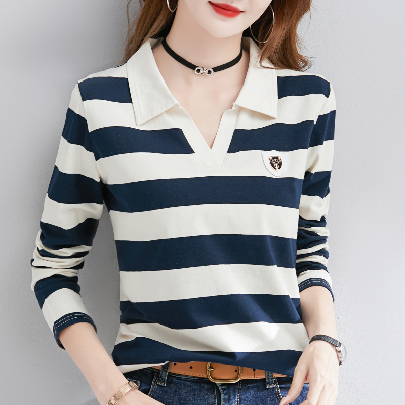 Pure Cotton Versatile Long-Sleeve T-Shirt for Women, Striped Spring and Autumn Design, Polo Collar, Slimming and Flattering, Thin Base Shirt Top
