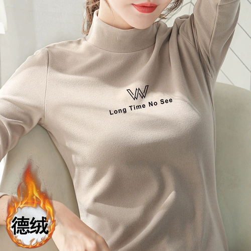 Бархатный базовый приятный телу осенний демисезонный лонгслив, термобелье, высокий воротник, в западном стиле