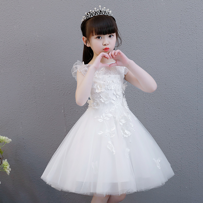 Girls birthday princess dress children host dress flower girl fluffy yarn little girl white piano costume summer